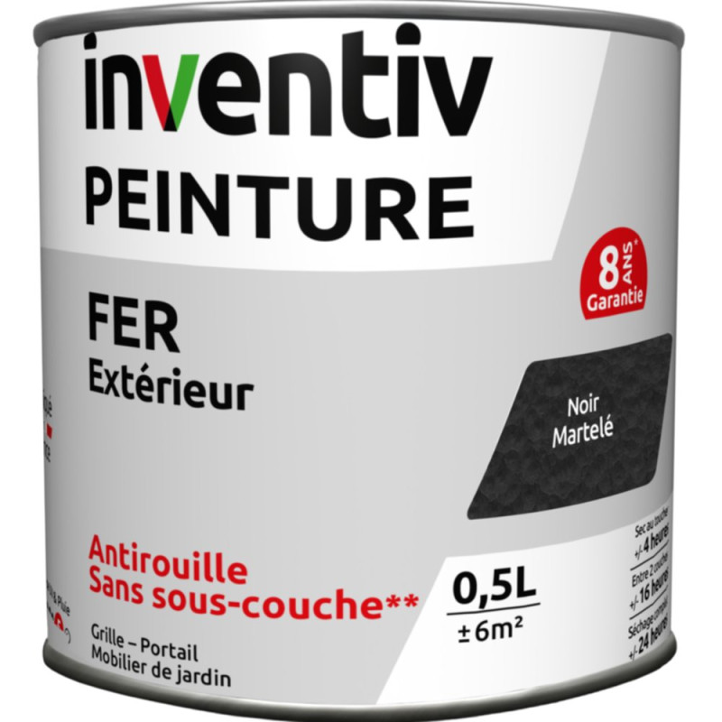 Peinture extérieure Fer 8 ans noir martelé brillant 0,5 L INVENTIV