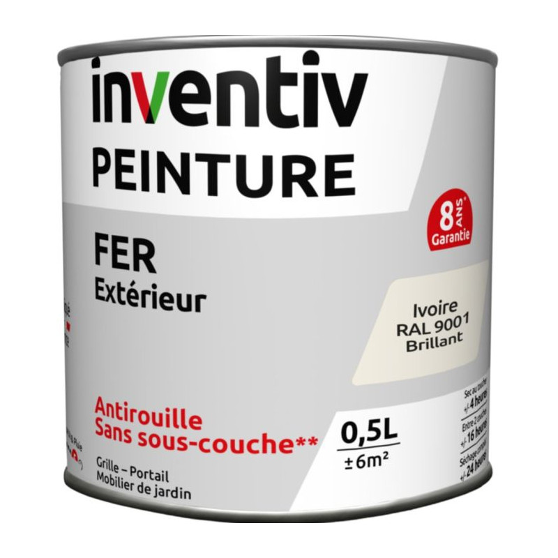 Peinture extérieure Fer 8 ans ivoire brillant 0,5 L INVENTIV