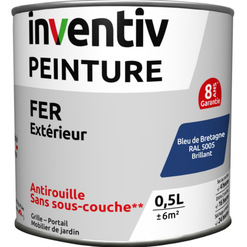 Peinture extérieure Fer 8 ans bleu de Bretagne brillant 0,5 L INVENTIV