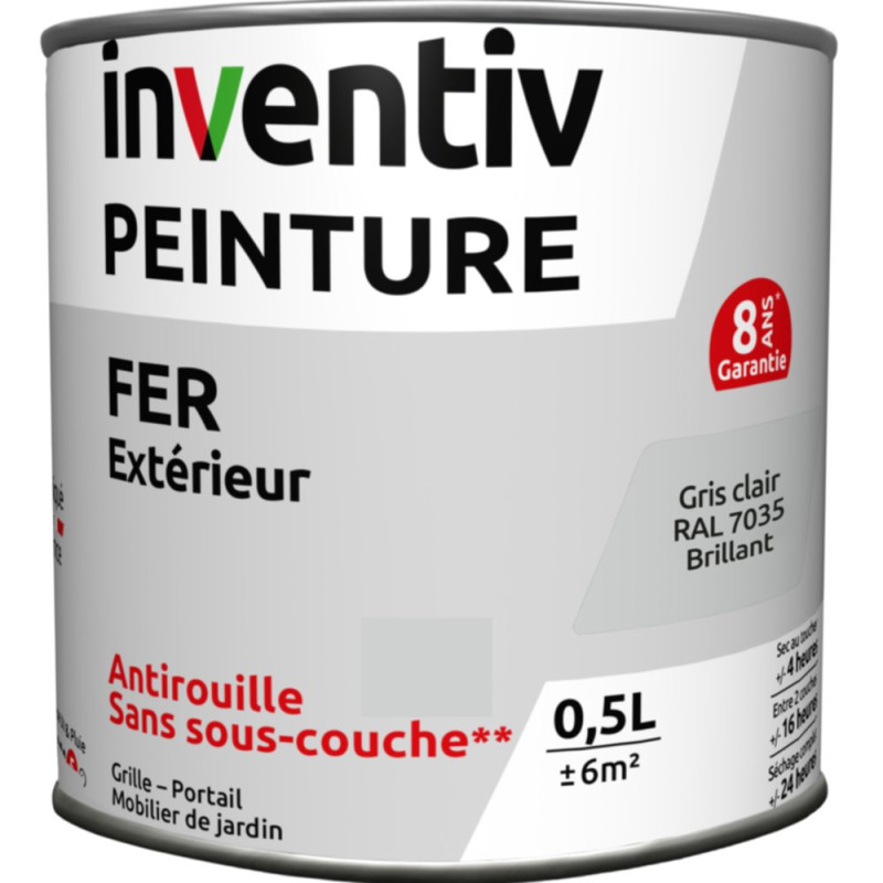 Peinture extérieure Fer 8 ans gris clair brillant 0,5 L INVENTIV