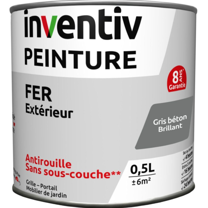 Peinture extérieure Fer 8 ans gris béton brillant 0,5 L INVENTIV