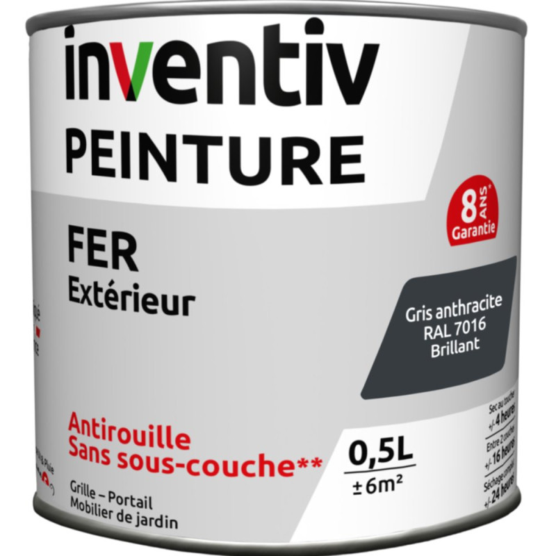 Peinture extérieure Fer 8 ans gris anthracite brillant 0,5 L INVENTIV