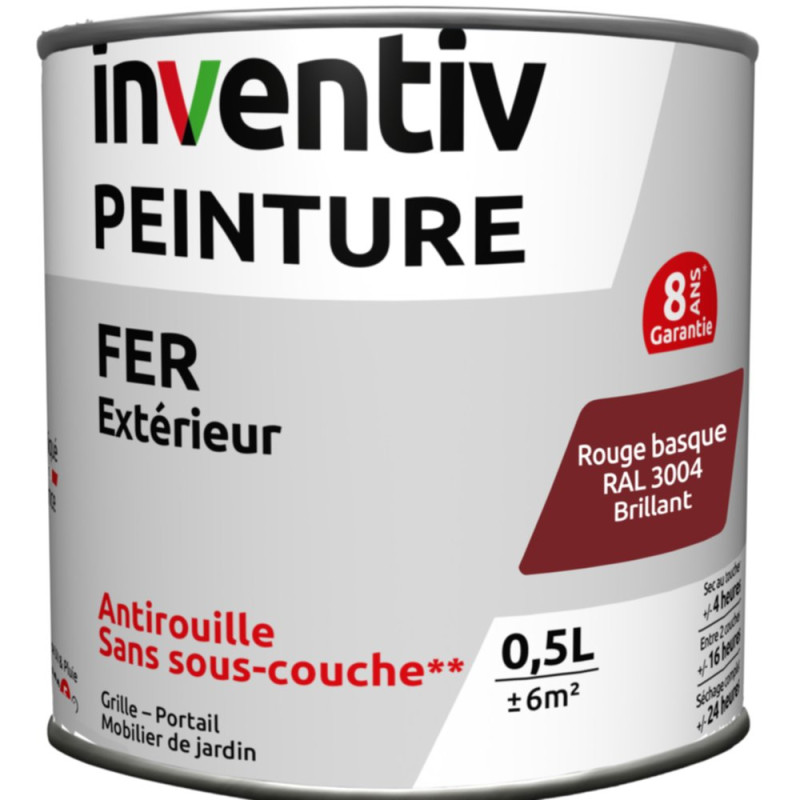 Peinture extérieure Fer 8 ans rouge basque brillant 0,5 L INVENTIV