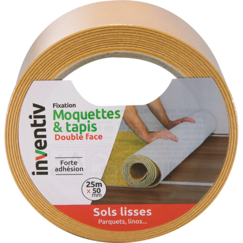 Ruban adhésif double face Moquettes et Tapis sols lisses 50 mm x 25 m INVENTIV