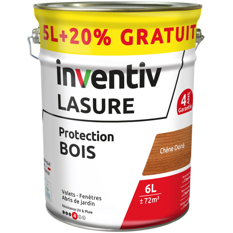 Lasure pour bois Protection chêne doré 5 L + 1 L gratuit INVENTIV