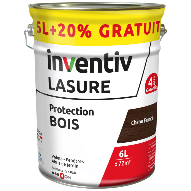 Lasure pour bois Protection chêne foncé 5 L + 1 L gratuit INVENTIV