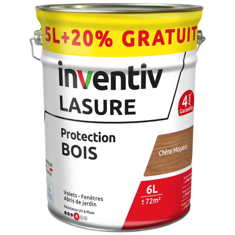 Lasure pour bois Protection chêne moyen 5 L + 1 L gratuit INVENTIV