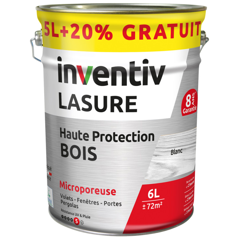 Lasure pour bois Haute Protection blanc 5 L + 1 L gratuit INVENTIV