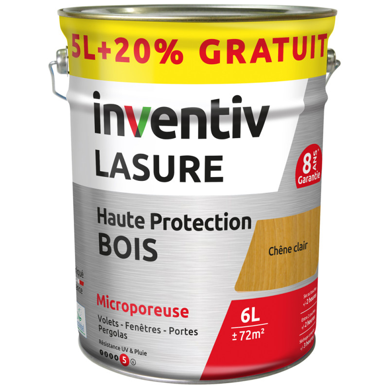 Lasure pour bois Haute Protection chêne clair 5 L + 1 L gratuit INVENTIV