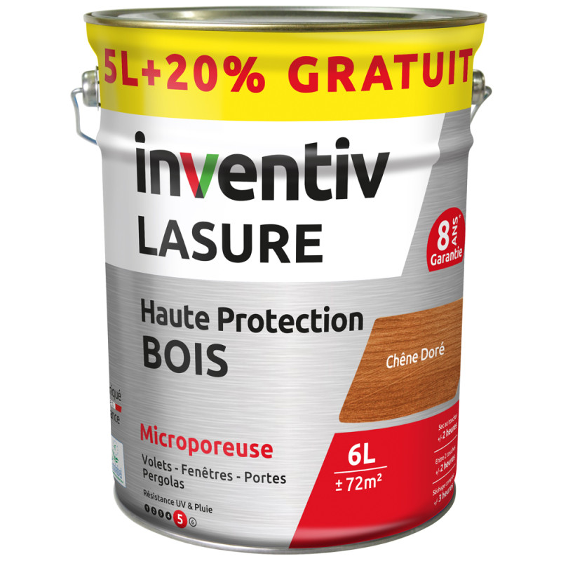 Lasure pour bois Haute Protection chêne doré 5 L + 1 L gratuit INVENTIV