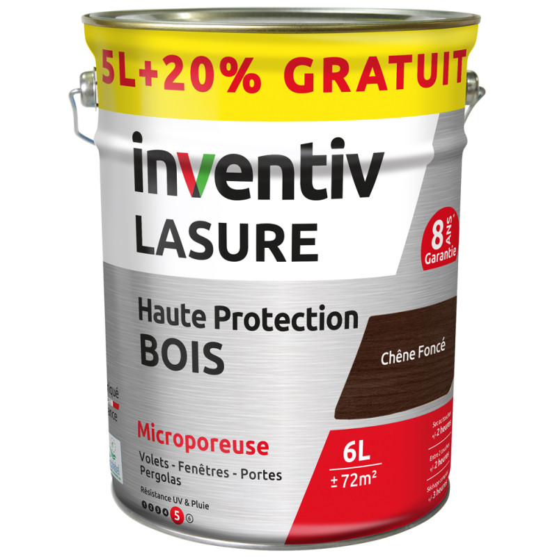 Lasure pour bois Haute Protection chêne foncé 5 L + 1 L gratuit INVENTIV