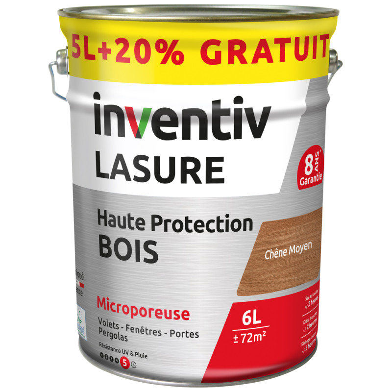 Lasure pour bois Haute Protection chêne moyen 5 L + 1 L gratuit INVENTIV