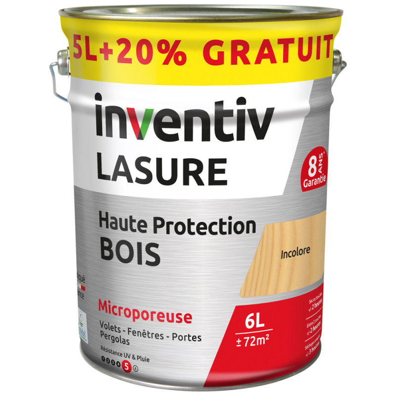 Lasure pour bois Haute Protection incolore 5 L + 1 L gratuit INVENTIV