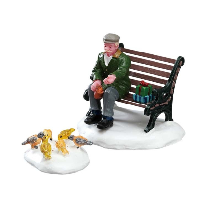 Figurine homme sur banc avec des pigeons 2 pièces LEMAX