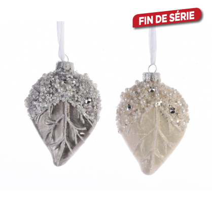 Boule de Noël feuille argent et blanc DECORIS