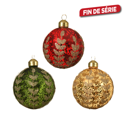 Boule de Noël en verre avec branches pailletées Ø 8 cm