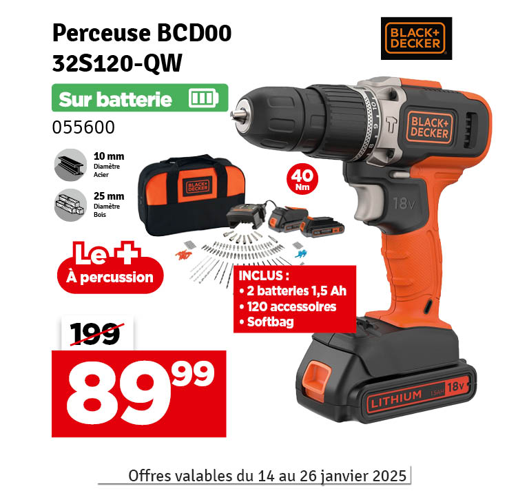 Perceuse visseuse à percussion sur batterie BCD0032S120-QW avec accessoires 2 x 1,5 Ah 18 V BLACK+DECKER